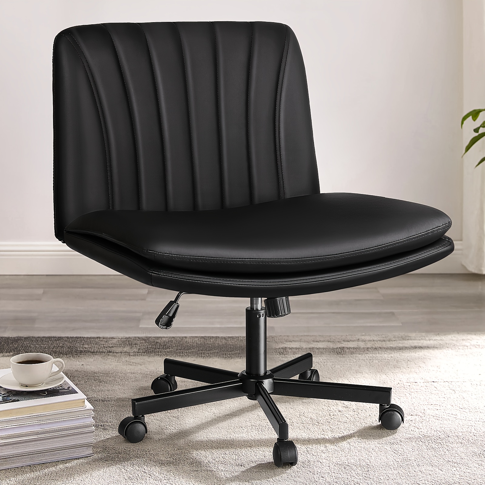 Criss Cross Chair With Wheels, Armless Cross Legged Office Desk Chair, PU Leather Swivel Modern Comfy Vanity Adjustable Wide Computer Task Chairs For Home Office