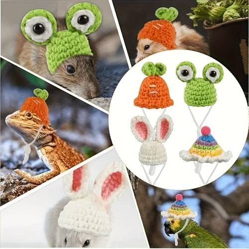 item picture 4pcs handmade crochet set hats hamster hat parrot hat brimless knitted animal caps cute small pet accessories hamster headwear halloween and christmas gifts photo props