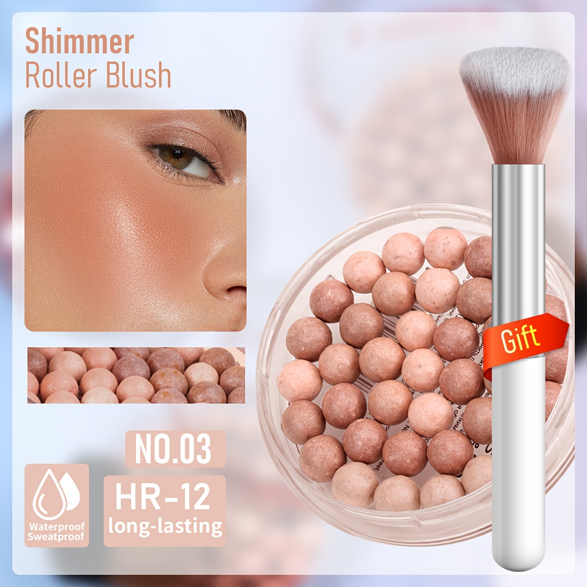 Image of 1pc Rollerball Blush + 1pc Blush Brush Set - Unique Rollerball Formula - Shine - Brightens Light Beige - Long-lasting And Water-resistant - With Blush Brush - Girls' Cosmetics - Mother's Day & Gift