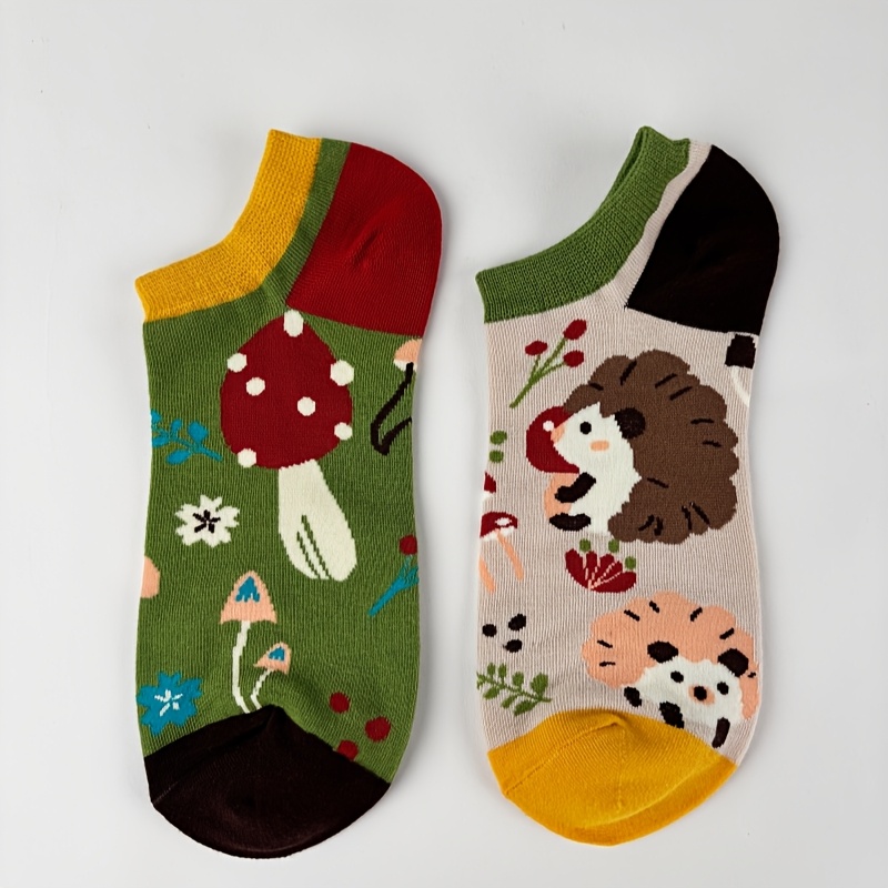 Image of [1 Pair] Mushroom Hedgehog Printed Ab Style Couple Short Socks, Unisex Ins Trendy Fashion Breathable Asymmetrical Design Short Socks
