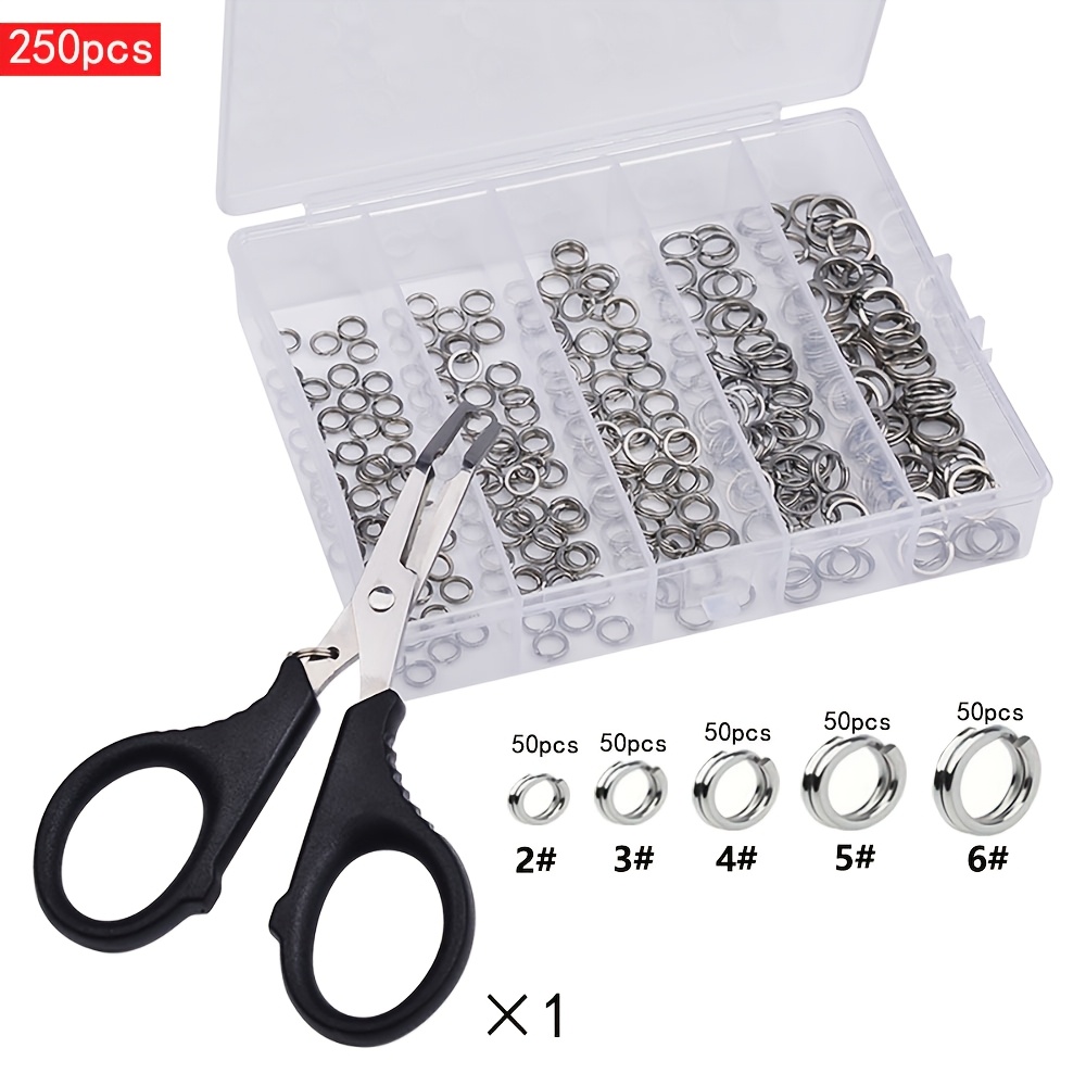 

250pcs Split Rings Set Silvery Stainless Steel O-ring With Bent Mouth Fishing Line Scissors,2# 3# 4# 5# 6# Flat Double Ring Fishing Lure Connectors, Fishing Solid Ring