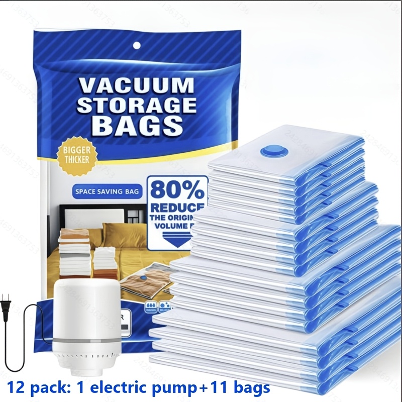 TEMU Space-saving Vacuum Storage System: 12-pack 11 Compression Bags + 1 Electric Pump For Bedding, Clothing & More
