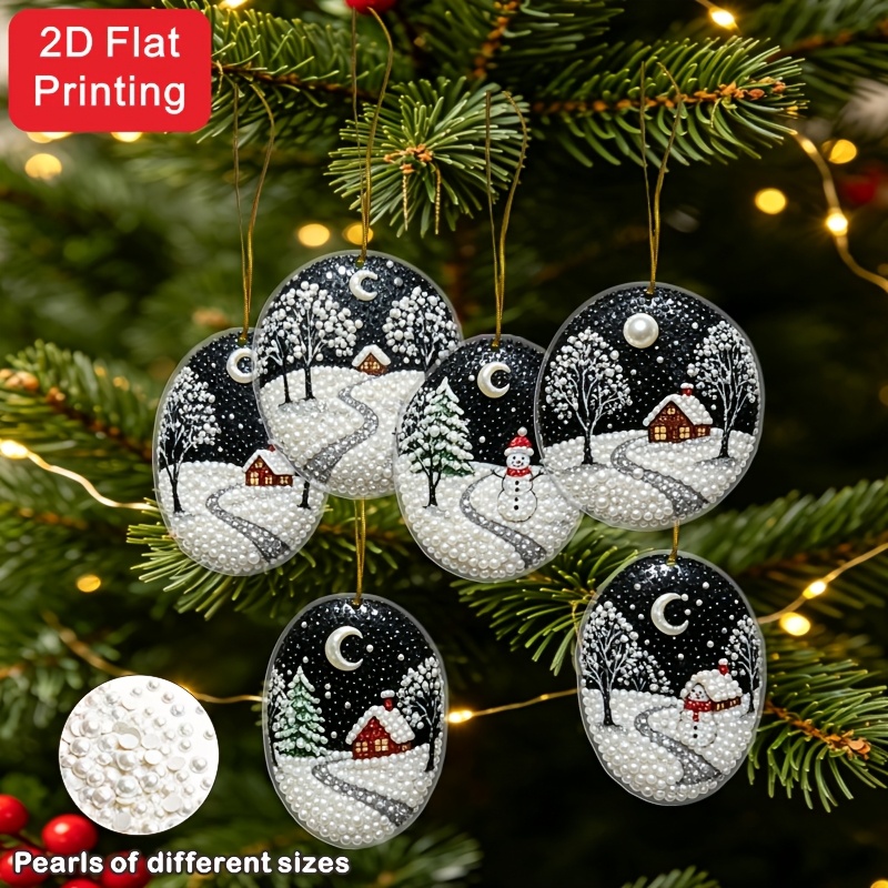 TEMU 6pcs 2d Flat Printing Exquisite Christmas Snowman Rhinestone Tag Pendant, Diamond Painting Kit High-definition Print Full Set Handcraft Diamond