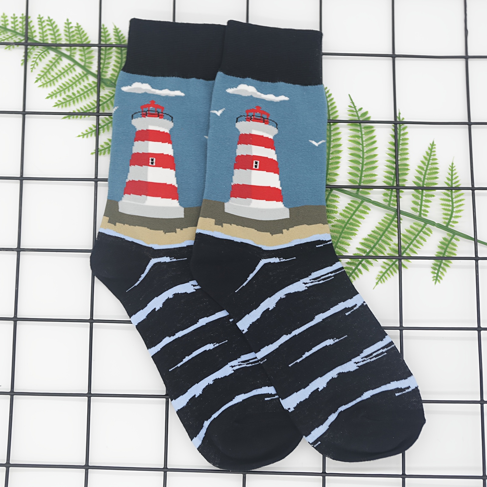 Image of 1 Pair Of Men's Sea, Lighthouse, Seagull, Free Mid Length Socks, Comfortable And Soft Cotton Fabric, Versatile For Casual And Formal Wear