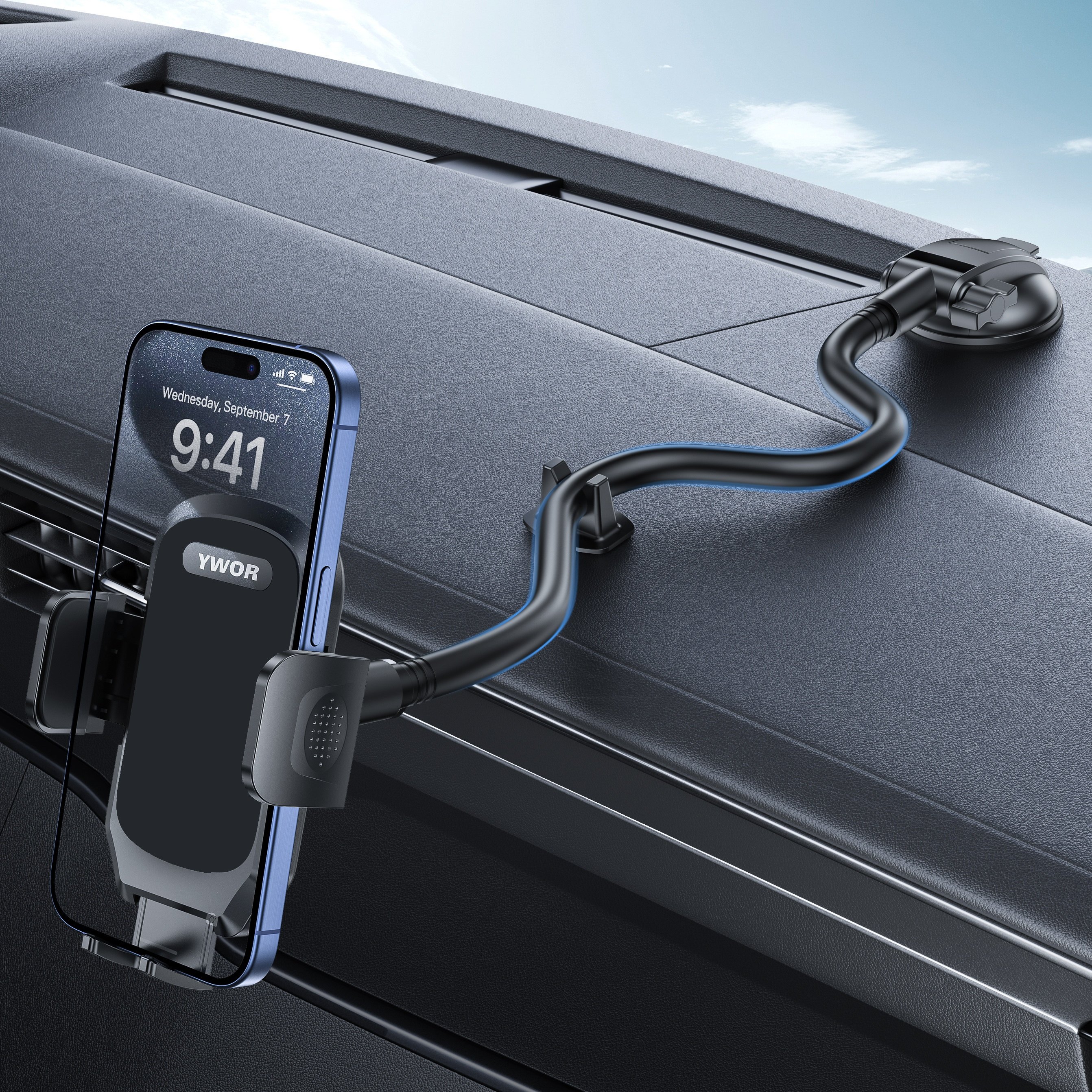 Image of Phone Holder, Flexible Gooseneck Long Arm Dashboard Mount, Aluminum Alloy Tube Extends Down Without Blocking View, Navigation Holder, Compatible With Phones