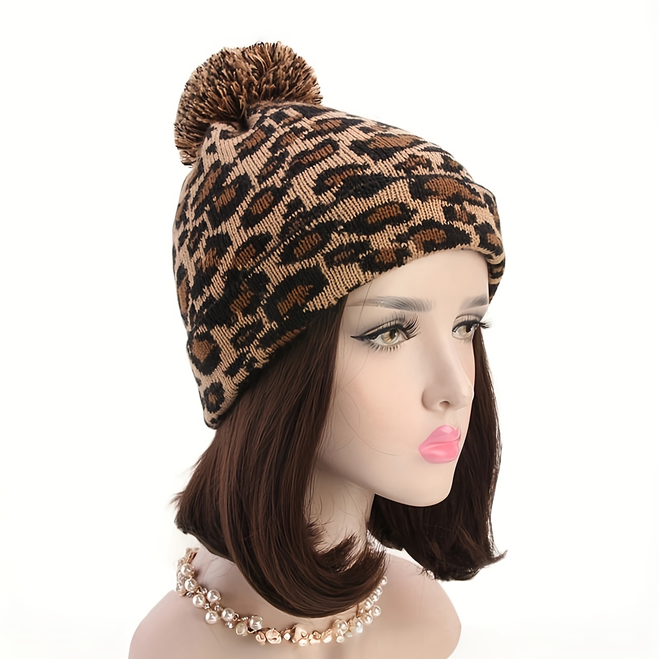 

1pc Leopard Print Knit Beanie With For Women - Stretchable Acrylic Winter , Lightweight, Switch Closure, Animal Pattern, Ideal For Bachelorette Party