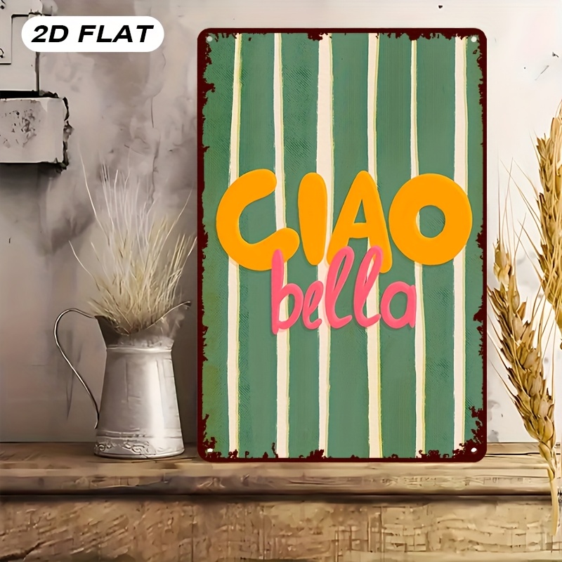 E-shop 2D-Flach, 2D Bella Italienisches Vintage-Holz-Wanddekor – Vertikales grün-gelb gestreiftes Design im italienischen Mid-Century-Stil –