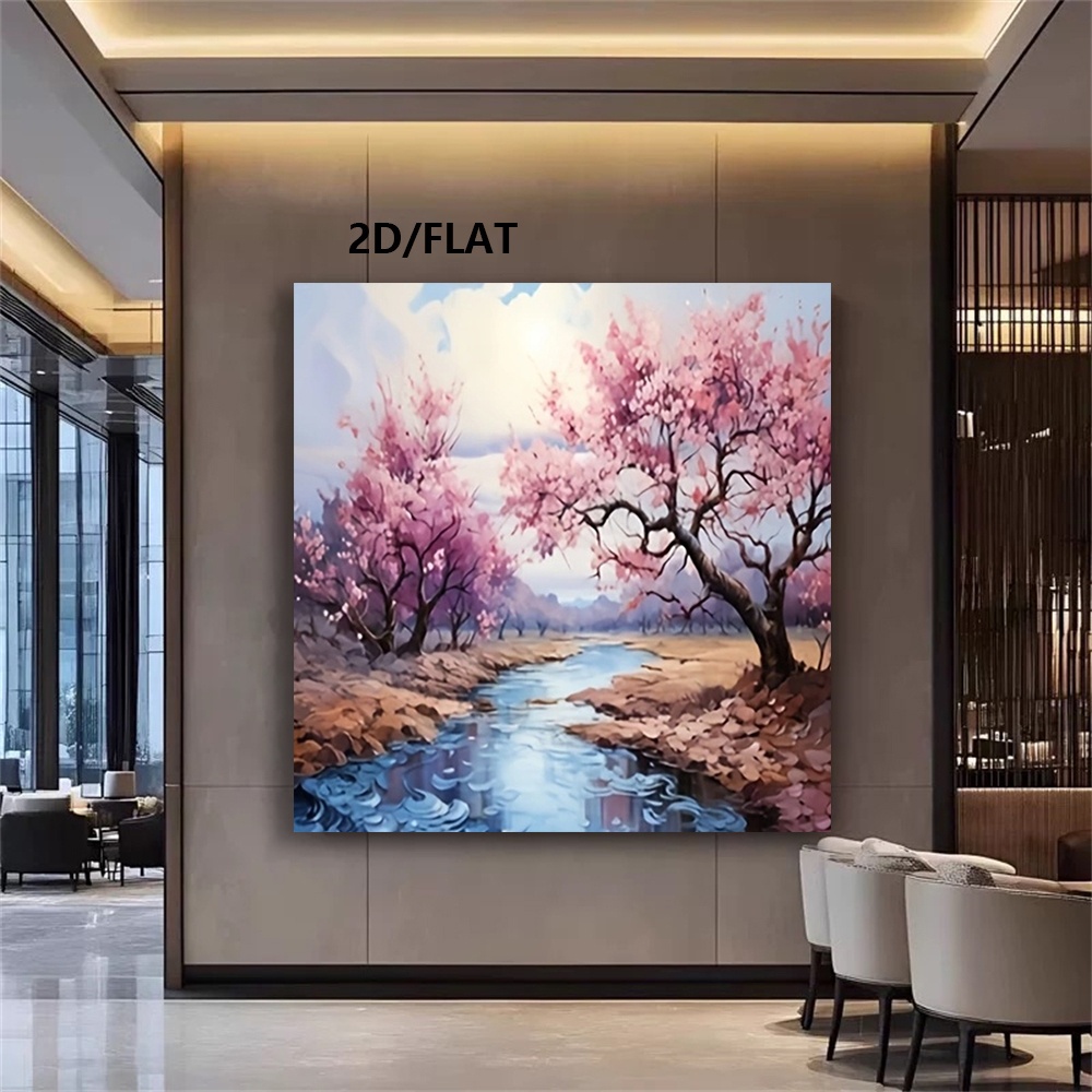 TEMU 2d Flat, 2d Flat, A Canvas Poster Featuring A 100% Hand-painted Landscape Of Peach Blossoms, Designed For Wall Art. And Odorless, Making It A