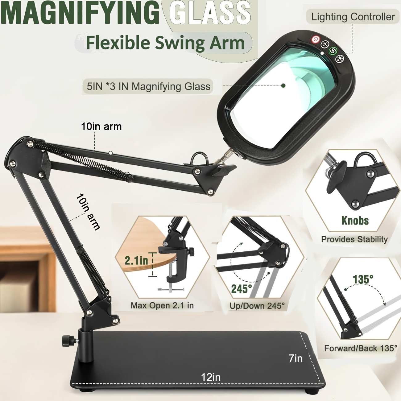 10x Square Magnifier Lamp And Stand, Led Dimmable- 2-in-1 Base/clamp Design, Adjustable Swing Arm Head-free For Crafts, Jewelry Repair & Work