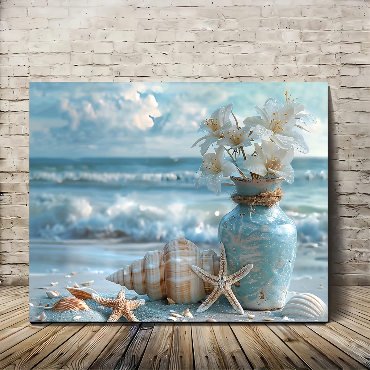 

Coastal 11.8"x15.7" Canvas Art - Vibrant Beach Scene With Flowers, Starfish & Shells, Wooden Wall Decor For Living Room & Bedroom, Perfect Gift For