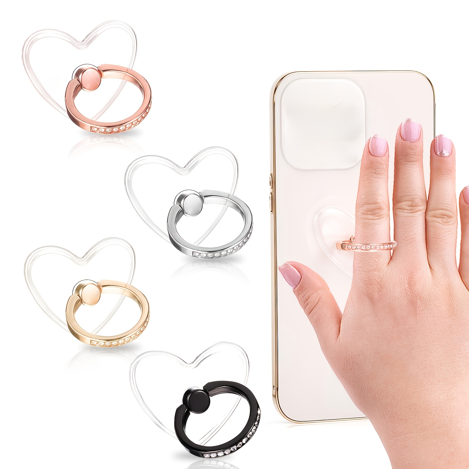 Set Of 4 Phone Ring Holders With Adjustable Features, Heart-shaped Diamond Design, 360-degree Rotation, And 180-degree Folding, Suitable For All Smartphone Models