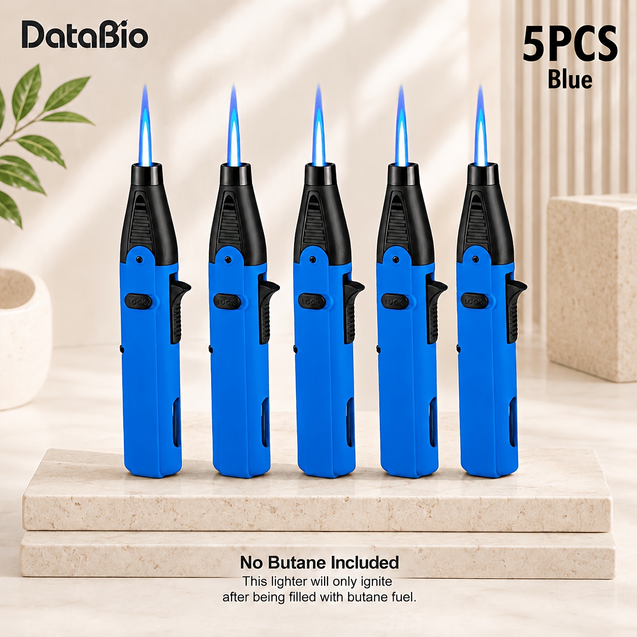 TEMU Lot de 5 briquets chalumeau à butane rechargeables pour bougies, barbecue, camping et usage extérieur - à flamme bleue coupe-vent avec verrou de