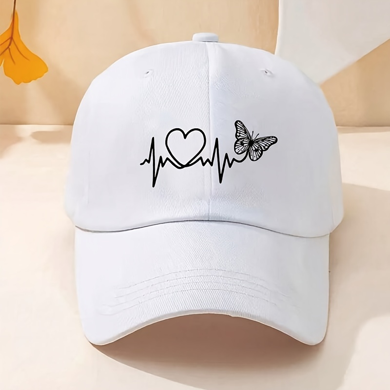 

White Butterfly Heartbeat Baseball Cap, Simple Unisex Sports Hat, Sun Protection Outdoor Adjustable Cap