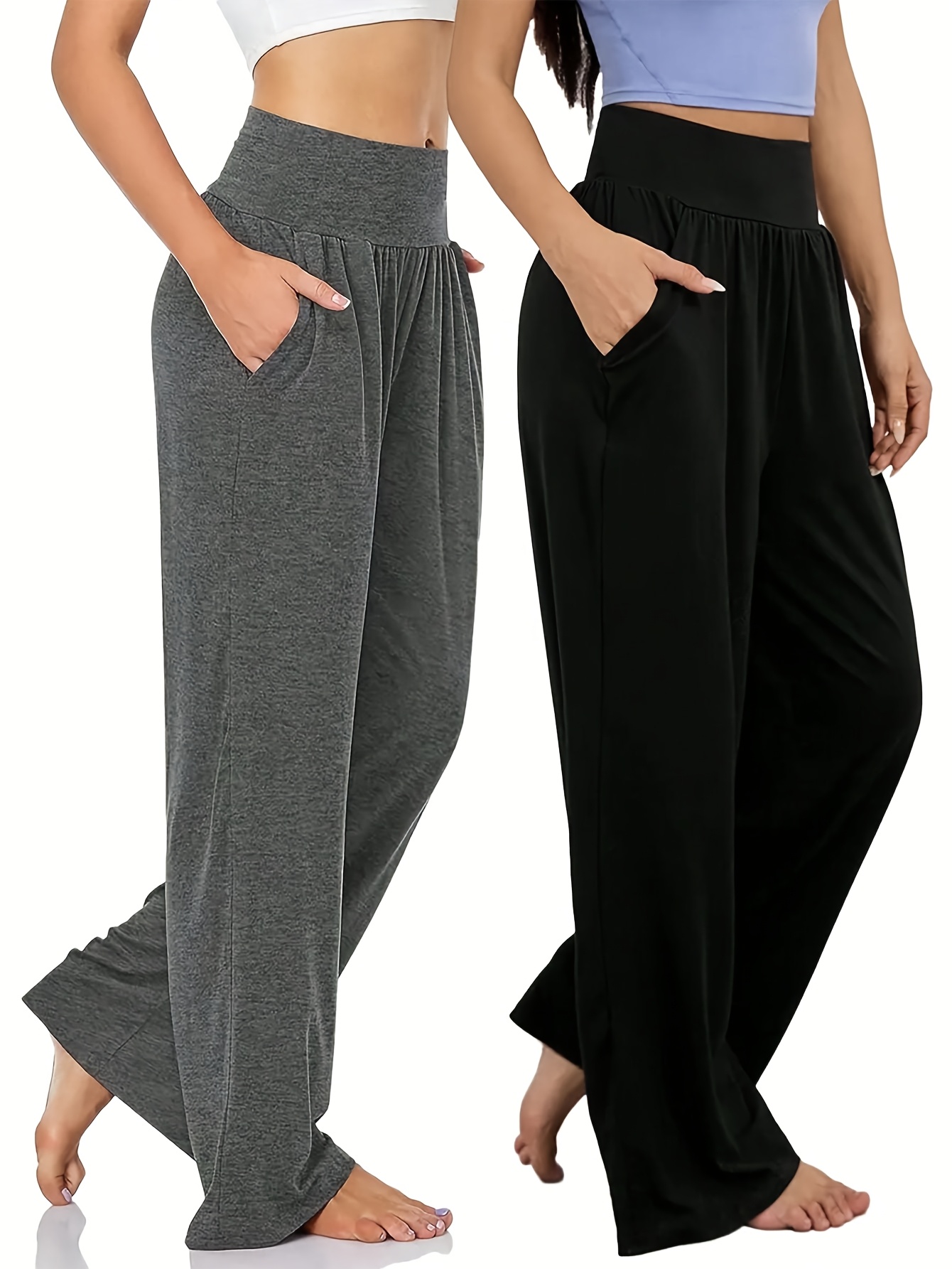 2pcs womens high waist casual pants with pockets solid color straight leg polyester  able and versatile for   everyday     drawstring detail smooth texture high waisted leggings