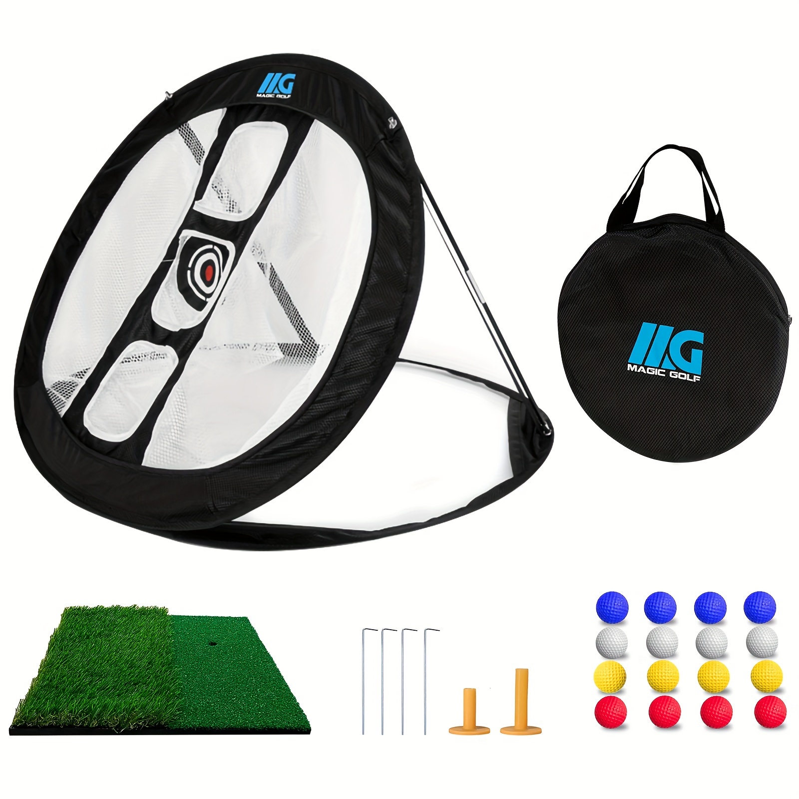 

Pop-up Chipping Net With Turf Hitting Mat Set Indoor Outdoor - 3 Target Golf Practice Hitting Net Training Aids Gift - 16 Golf Practice Balls & 4 Ground Stakes, With Portable Bag