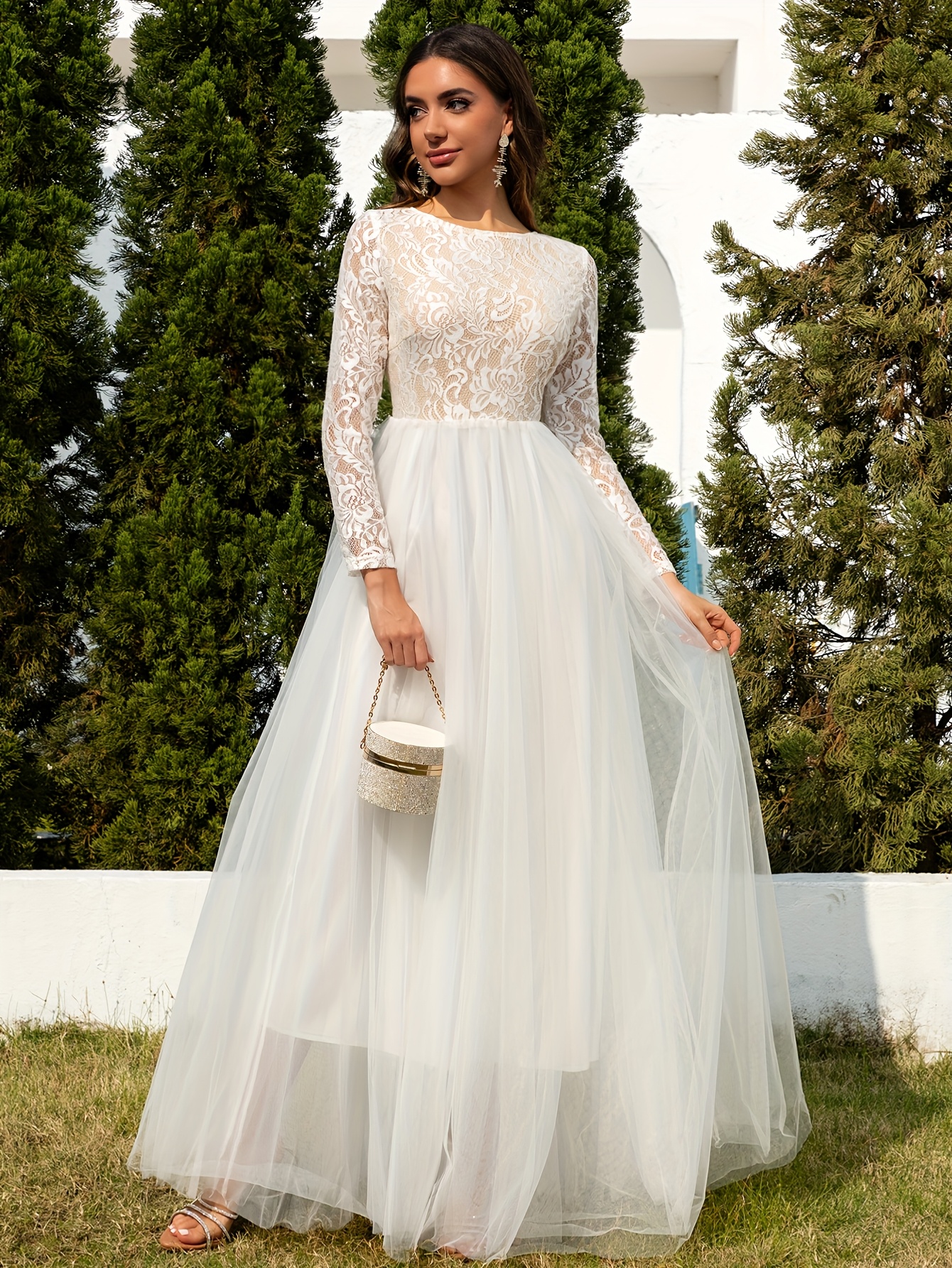 2025 new elegant sheer lace overlay long sleeve a line - Temu Mauritius