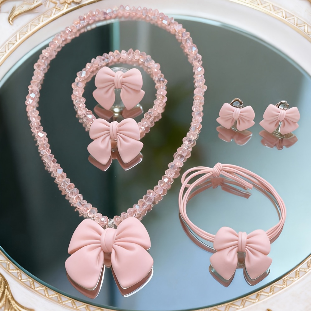 E-shop 6-teiliges elegantes rotes Schleifen-Set - passende Ohrringe, Halskette, Armband & Ring & Haargummi - für den oder besondere Anlässe, tägliches