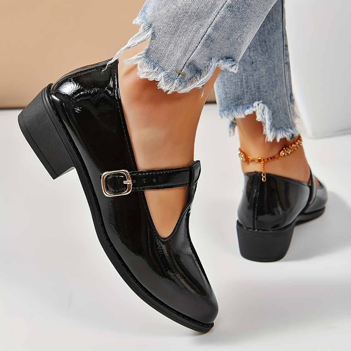 

Women's Solid Color Chunky Heel Loafers, Fashion Pointed Toe Buckle Strap Shoes, Stylish Cutout Design Shoes