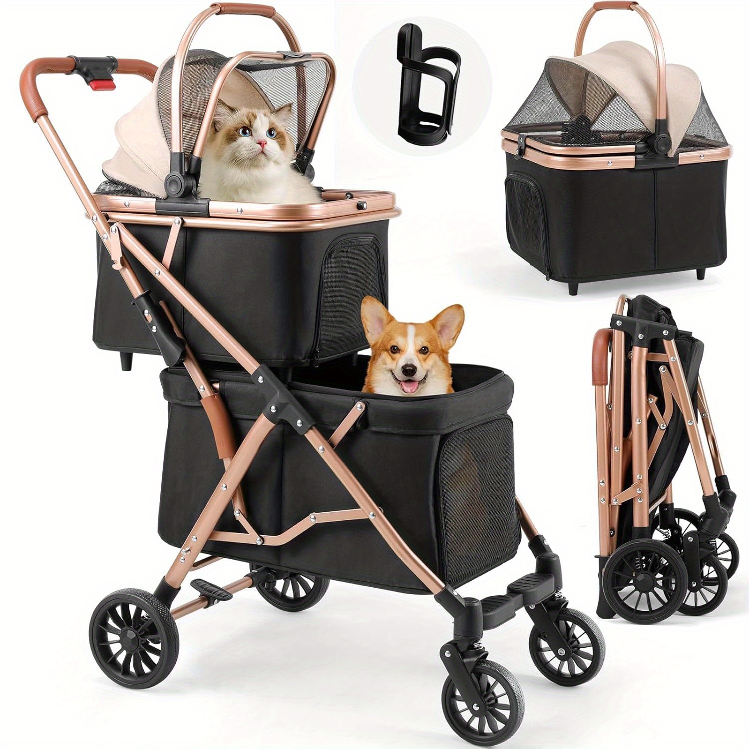 TEMU 4-in-1 Foldable 2-tier Dog Stroller, Double Basket Pet Stroller, Dog Box, , Pet Stroller For Dogs Up To 15kg, Cat Stroller For 2 Small Dogs And