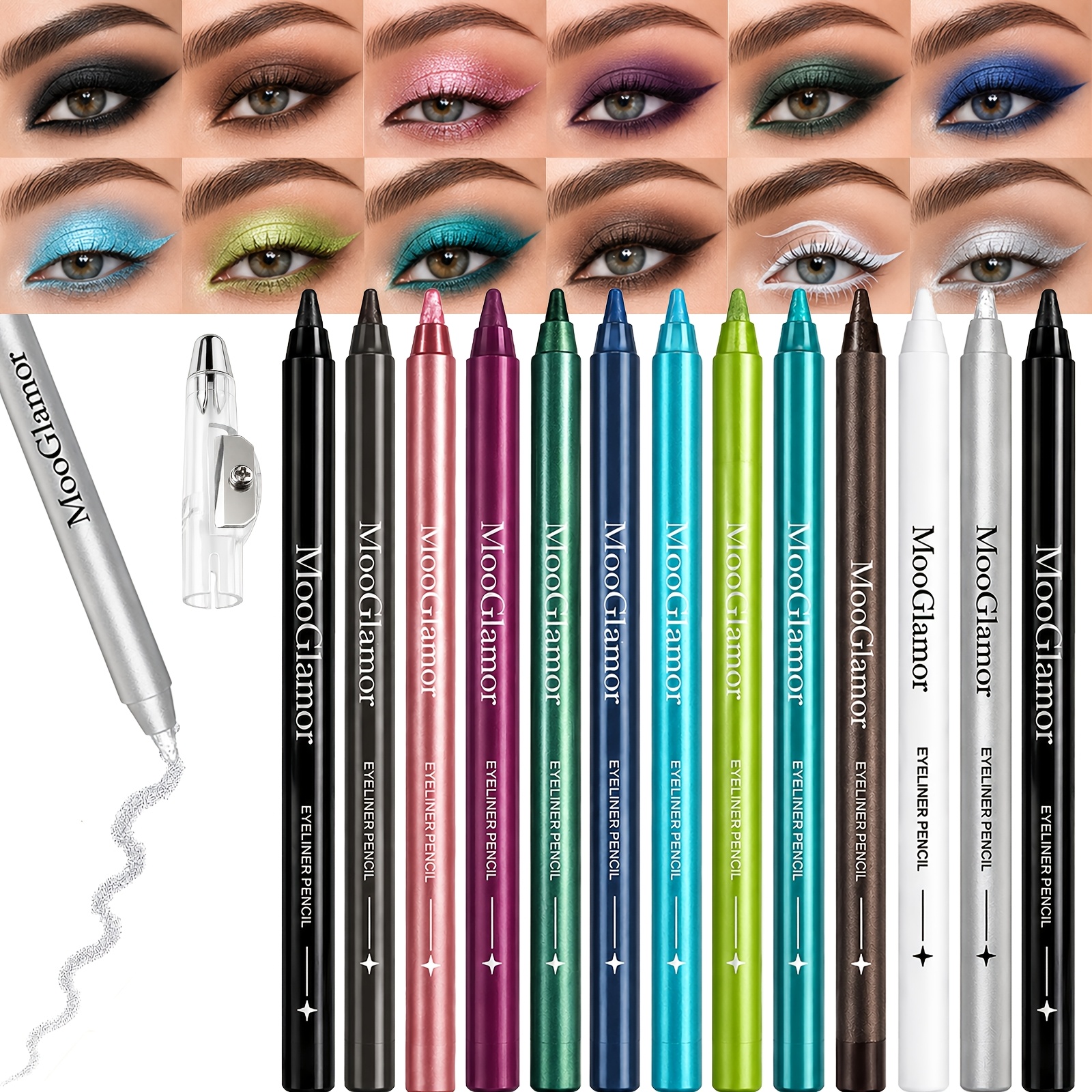 Image of 13pcs Colored Eyeliner Pencil Set, High Shimmer Metallic Glitter & Matte Eye Liner Pencils, Blue Purple Green White Silvery, Smooth Precision Eye Makeup For Party Festival Y2k Looks