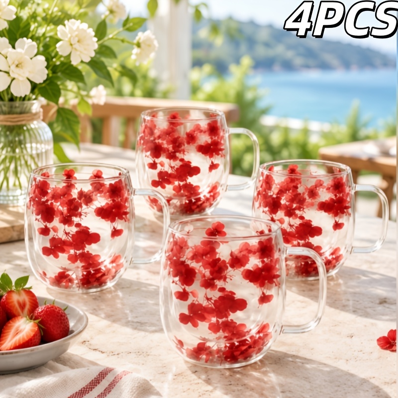 TEMU 4 Pack Floral Glass Mugs, 400ml/13.5oz, Heat & Cold Resistant Coffee Cups, Simulated Floral , Home Decor For Office, Living Room & Dining Room,