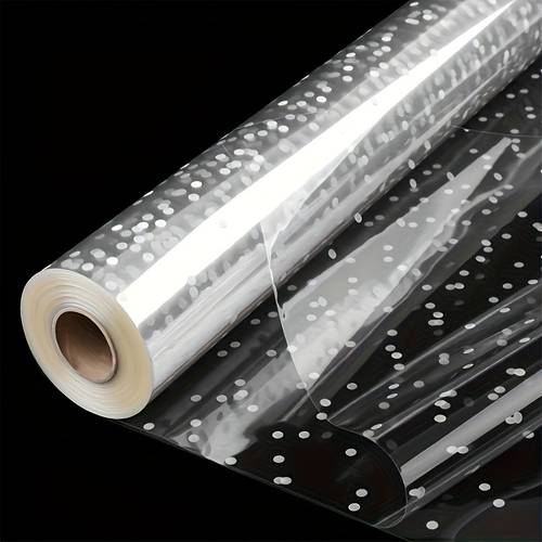 o rolă de hârtie de ambalare lată, transparentă, tip pânză de sticlă, cu puncte albe neregulate, cu dimensiunile de 40 cm x 10 m (15.75 inch x 393.7 inch), îngroșată, pentru utilizare în coșuri, buchete, cadouri și sărbători festive