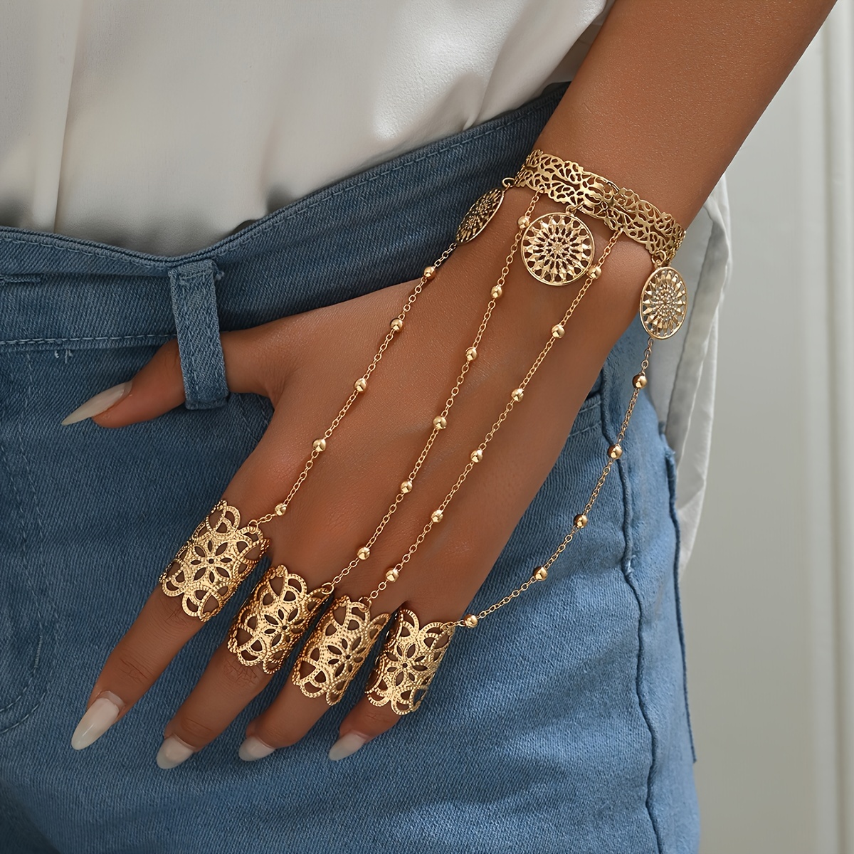 

Golden Hollow Pattern With Metal Flower Plate Tassel Pendant Bangle Mittens Bracelet Boho Ethnic Jewelry