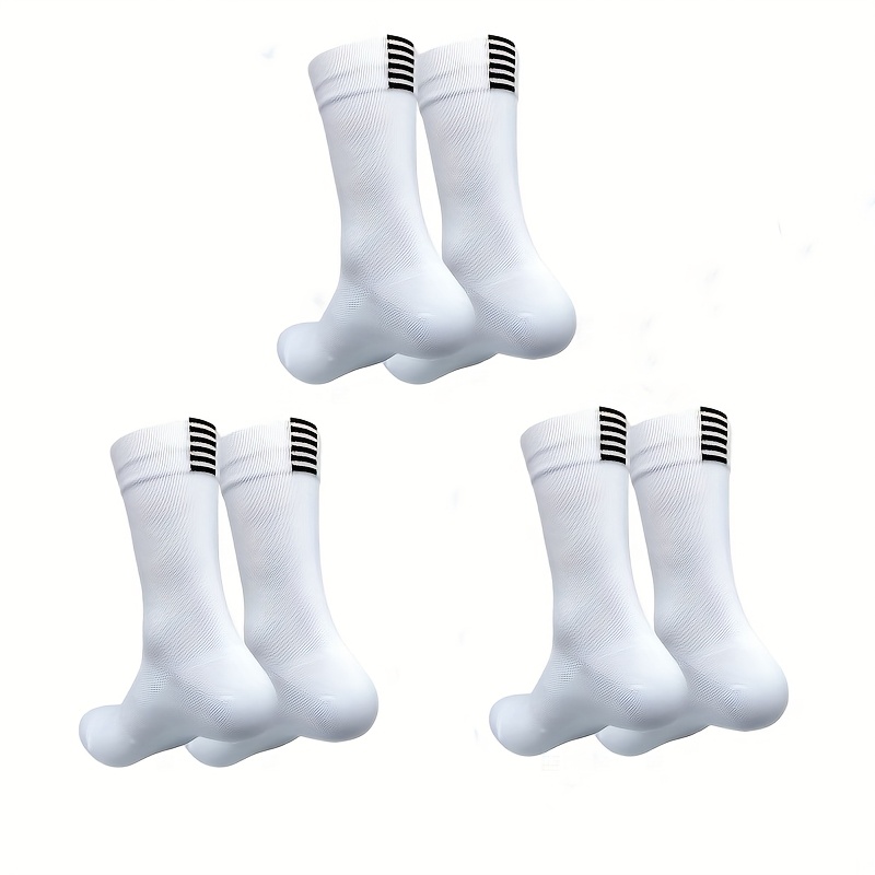 Image of 3 Pairs Of Men's Stretchy Bicycle Socks, Breathable Knitted Tennis Sports Socks With Geometric Designs, Moisture-wicking Fashionable Sports Socks For , Basketball, And Running