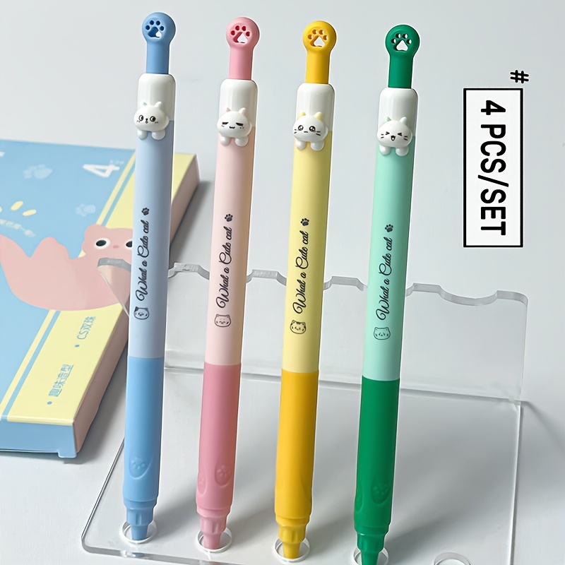 TEMU 4pcs Kitten Retractable Pen Interesting Student Black Pen Smooth Writing Quick-drying Gel Pen