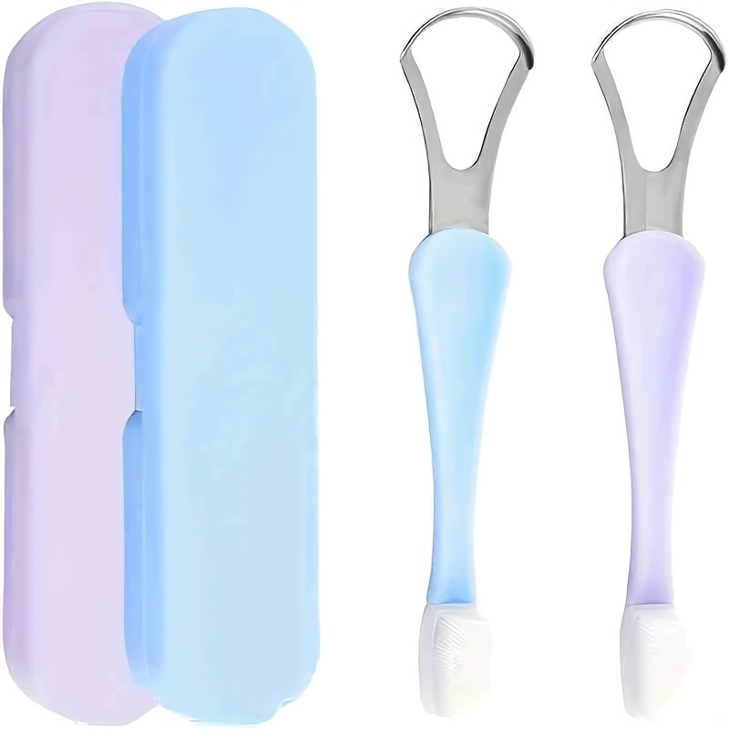 

Tongue Scraper & Tongue Brush Set, Tongue Cleaner With Travel Case For Adults & Kids, Oral (2pcs, Blue+purple)