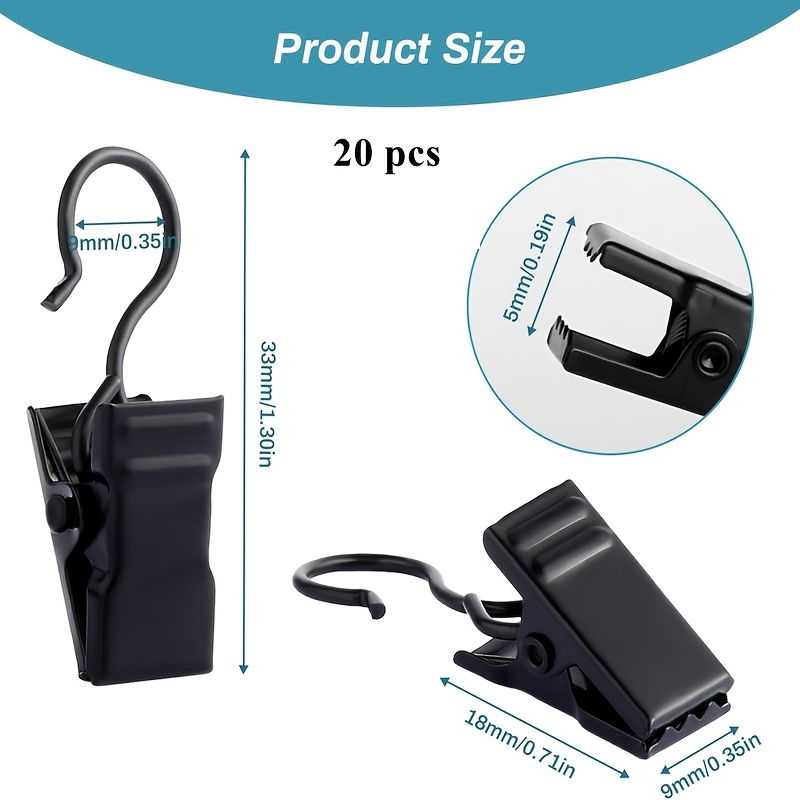 TEMU 20-pack Curtain Clip Set, Black Curtain Clips With Hooks, Small Stainless Steel Curtain Clips, Metal Curtain Clips, Bedroom Hanging Curtain