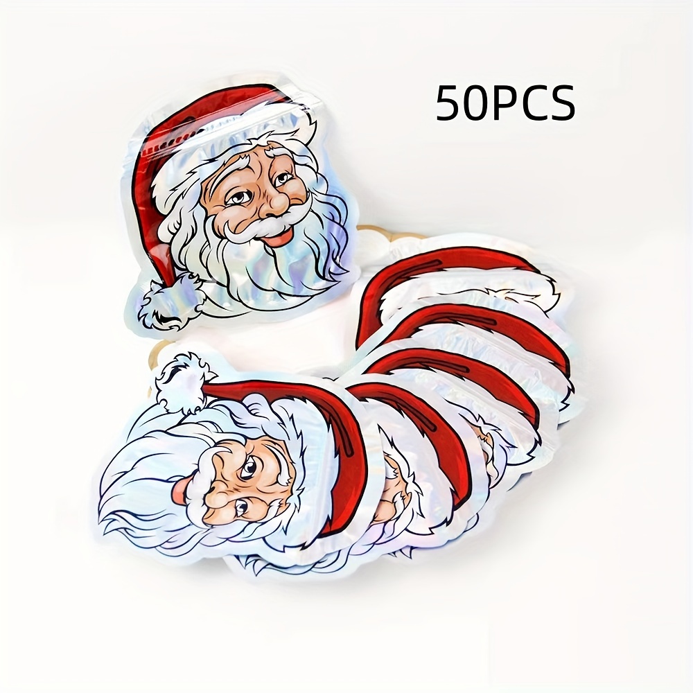 

50pcs Minimalist Geometric Christmas Theme Laser-cut Santa Head Self-sealing Plastic Gift Bags For Jewelry & Candy Packaging, Non-foaming, Seal Organizers