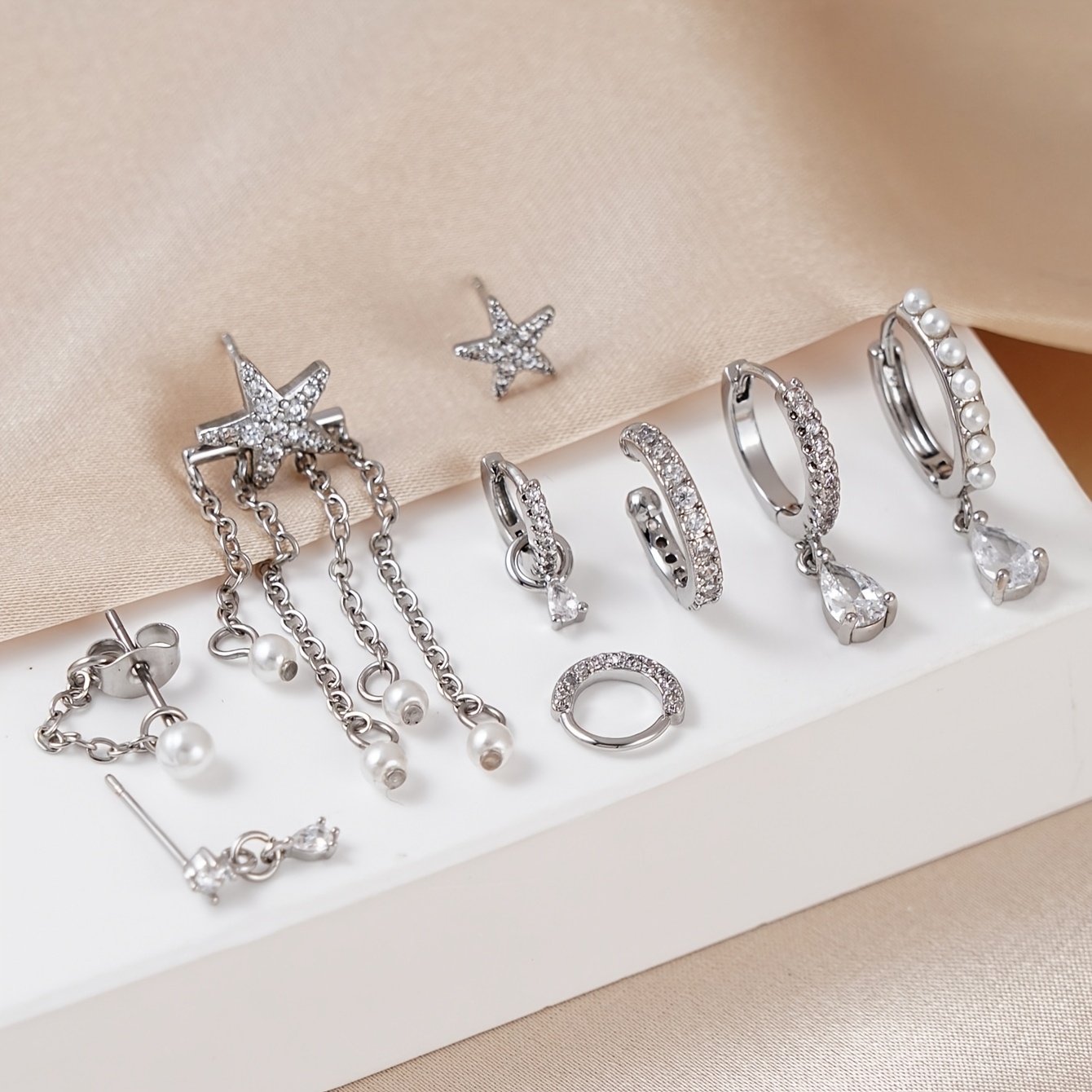 TEMU 9pcs Cyspzmd Women' Vintage Hoop Earrings With Teardrop Zirconia & Tassel Pendant - Clip- Ear Cuff Hoops Suitable For Parties, Music Festivals,
