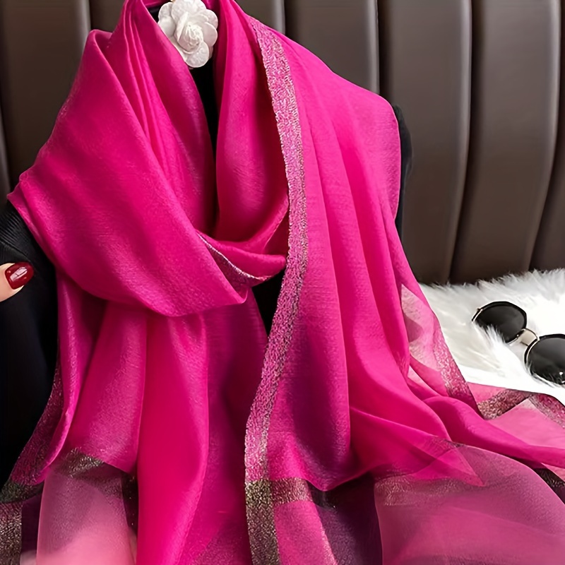 

1pc Fuchsia Pink Scarf With Golden Trim, Spring/autumn Sun Protection Warm Shawl, Versatile Casual Adult Daily Wear Wrap