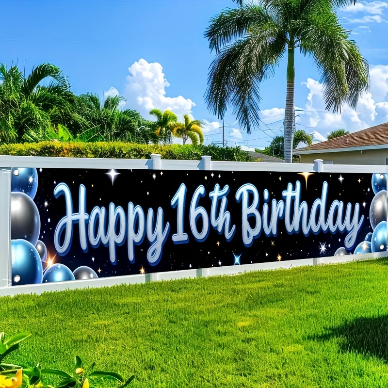 TEMU 2D Platte 1-delige Banner met Blauwe Ballon Thema voor 16e Verjaardag - Horizontale Decoratie, Geschikt voor Gazon, Muur, Vakantie Vieringen,