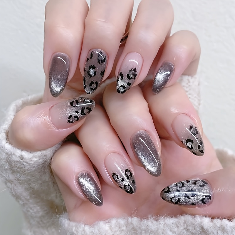 TEMU Cat Eye's Leopard Press On Nails Almond Fake Nails Medium Acrylic Full Cover 24pcs Silver Gray Luxury Nails Reusable Retro Vintage Style For