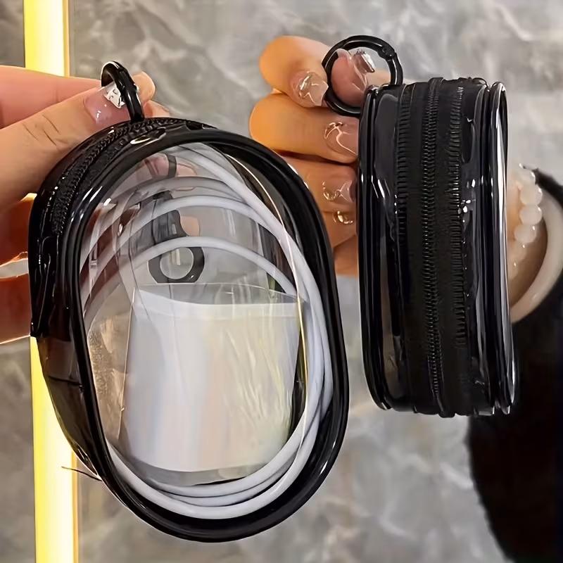 2pcs compact transparent zippered storage bags with keychain durable pvc earphones and travel accessories portable on the go cables not included Product details 4