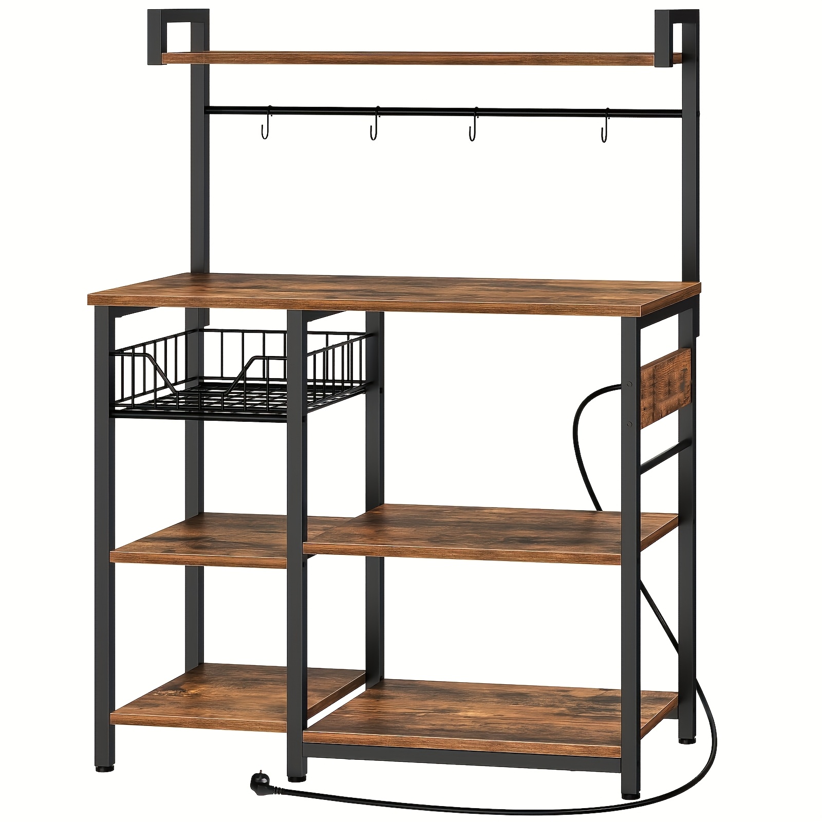 Kitchen Shelf With Sockets, Freestanding Kitchen Rack, Shelves, Microwave Stand, Featuring 4 Hooks, Measuring 40 X 90 X 132 Cm, In Rustic Brown And Black
