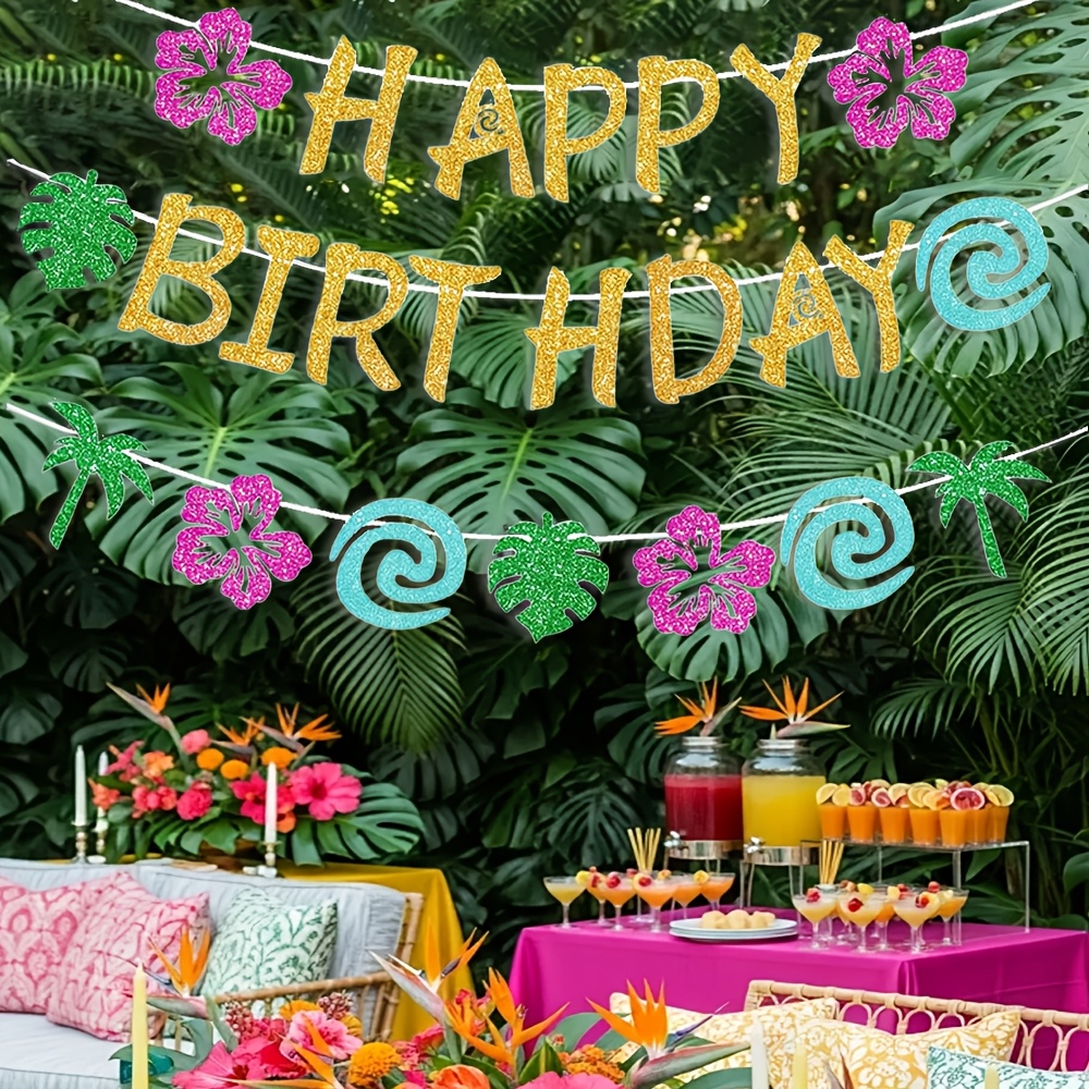 TEMU 1 Set Glittery Golden Tropical Birthday Banner Hawaii, Coconut Tree, Beach, Surfing Party Decorations Happy Birthday Party Glitter Banner