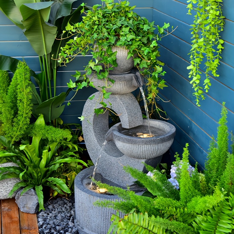 [Lighted Gray Water Fountain] Gray Outdoor Fountain with Lights | Indoor Floor-standing Waterfall for Courtyard, Garden, Terrace & Living Room