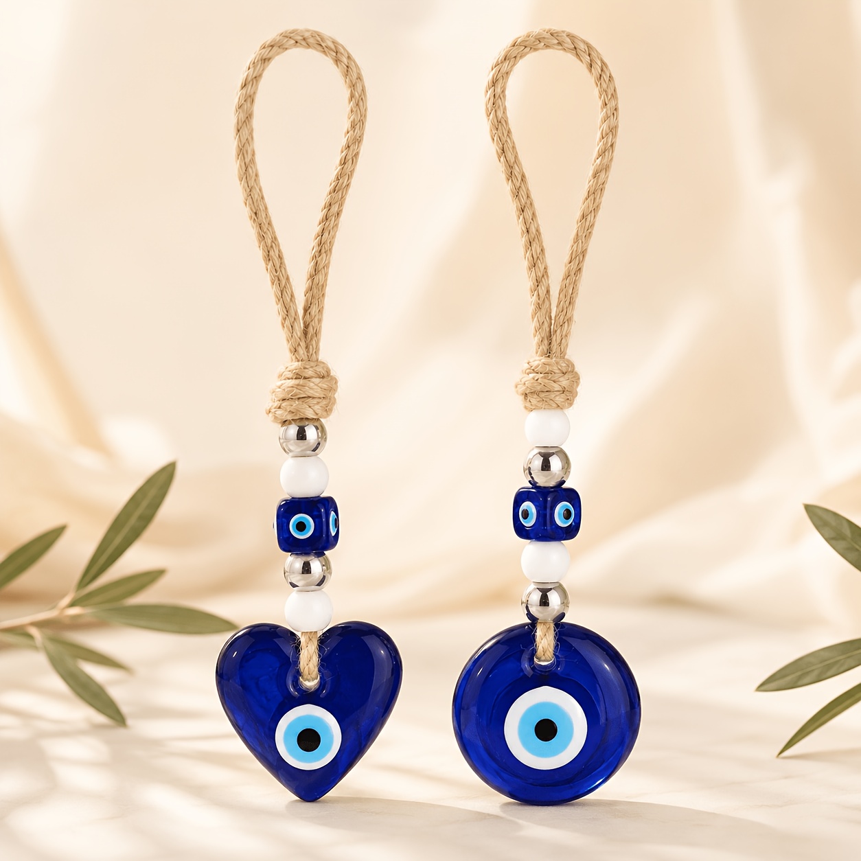 TEMU 2 pezzi di ornamenti da appendere in vetro con occhio turchino, ciondoli di perline a forma di cuore e con di iuta, ciondoli decorativi per