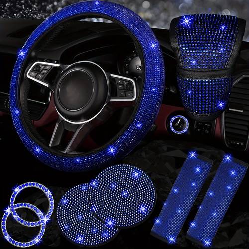 set of 8 additions for women including a glittery steering wheel cover shiny car coasters belt shoulder pads ring emblem sticker and gear shift cover