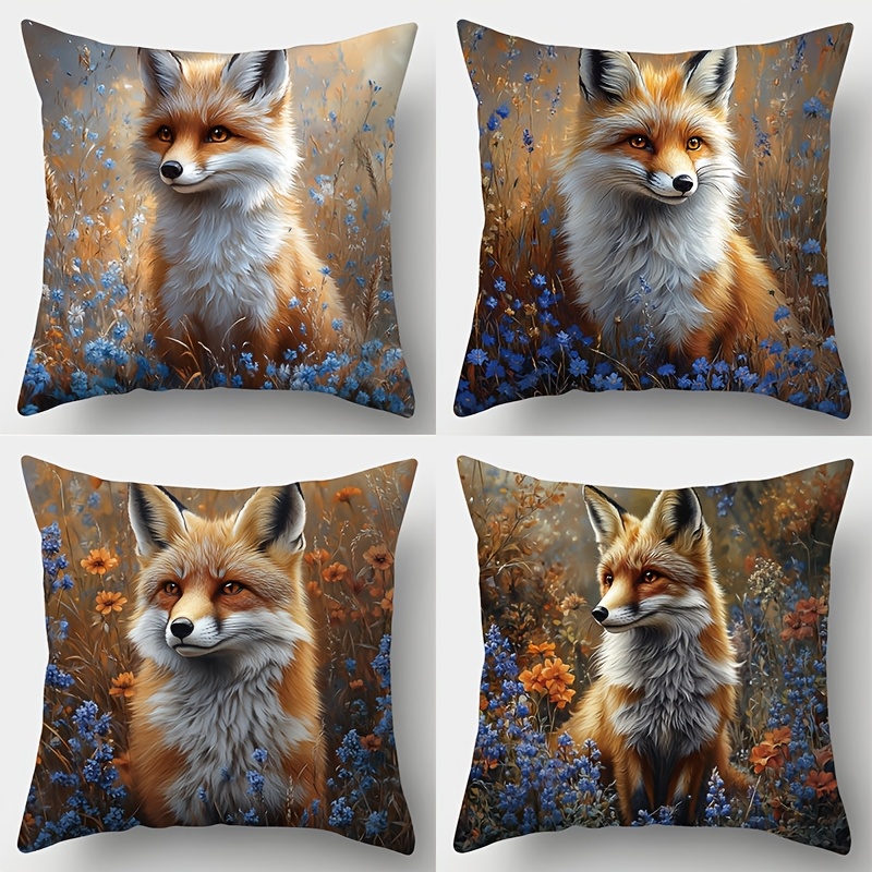 

4pcs Fox-themed Soft Polyester Cushion Covers, Brown And Blue, Zip Closure, Machine Washable For Living Room, Touch, And Beautiful, Animal Theme