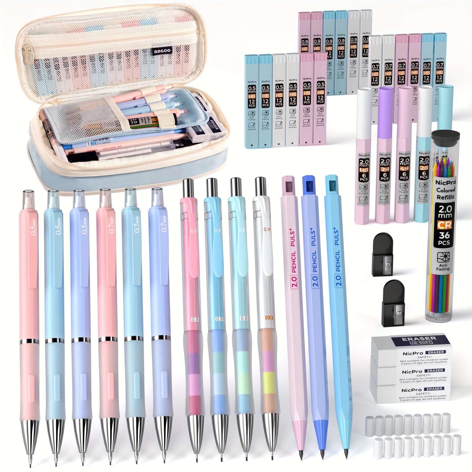 

Nicpro 45pcs Aesthetic School Supplies With Big Capacity Pen Case, Pastel Mechanical Pencils 0.5, 0.7, 0.9, 2mm With 24 Tube Lead Refills(4b 2b Hb 2h 4h Colors) Erasers