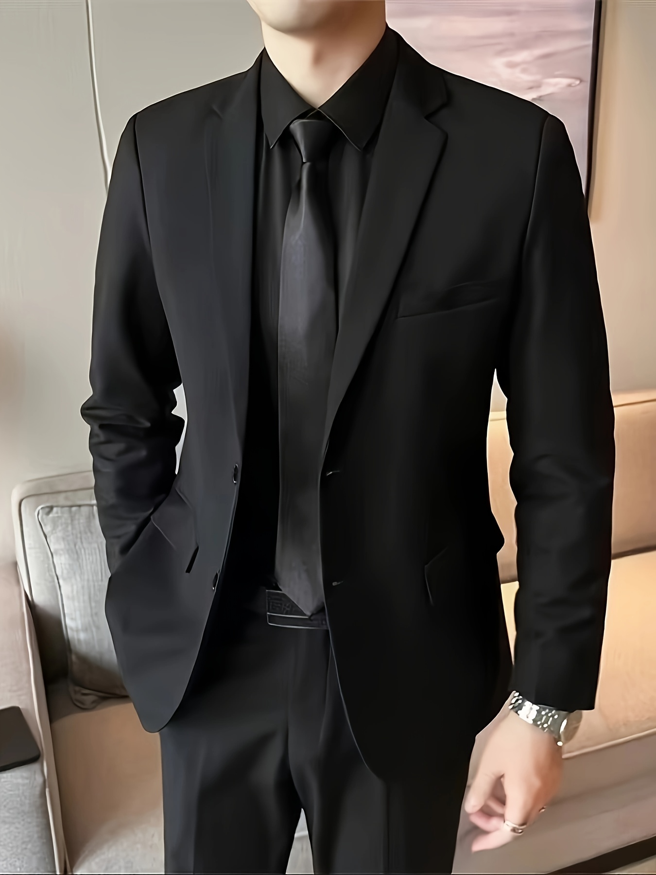 Men'S Elegant Dark Brown Double-Breasted Blazer - Slim Fit, Long Sleeve, Polyester, All-Season Jacket for Formal & Casual Occasions, No Scarf, Formal Attire|Sleek Lapel|Polyester Fabric