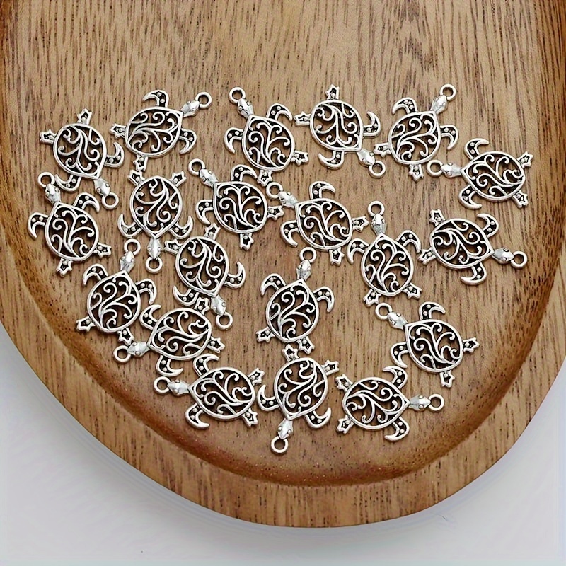 20pcs Hollowing Tortoise Turtle Charm Alloy Hollow Turtle Ancient Silvery Making Bracelet Diy Earrings Necklace Hollow Pendant Handmade