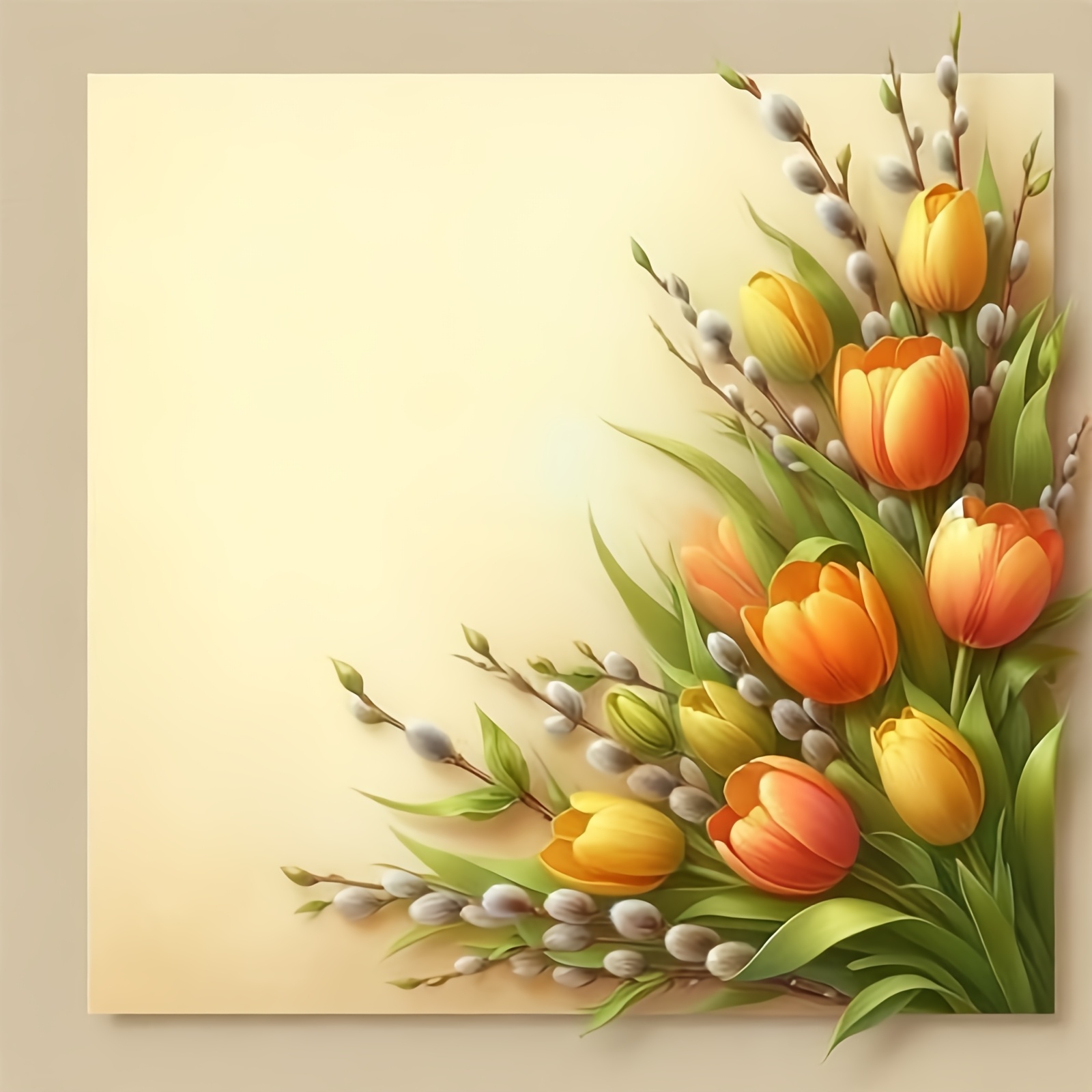 Cross Stitch Print Kit, Orange Yellow Tulips and Willow Buds