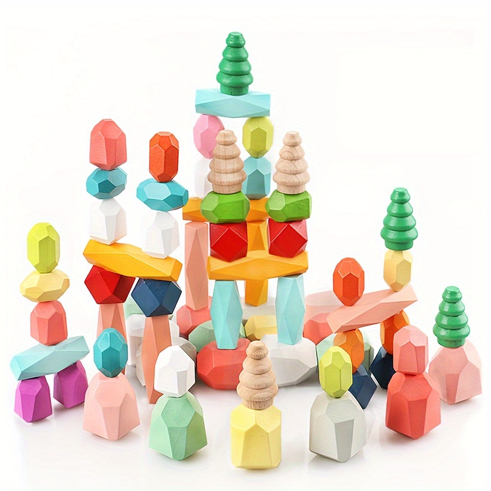 

40/48pcs Jouets en bois de tri et d'empilage de roches et de pierres, jouets sensoriels d'apprentissage Montessori, jeu de blocs de construction, cadeaux d'anniversaire pour les enfants