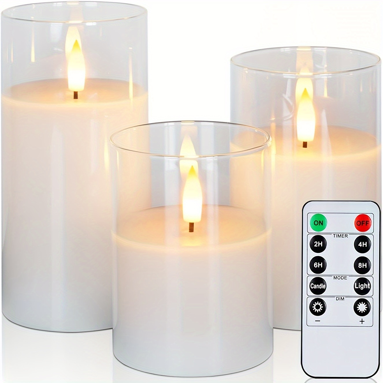 

Clear Glass Flameless Candles Battery Operated With Timer, Remote Control, Led Pillar Candles Battery Powered, Pure White Wax, D3 H4 5" 6", Set Of 3