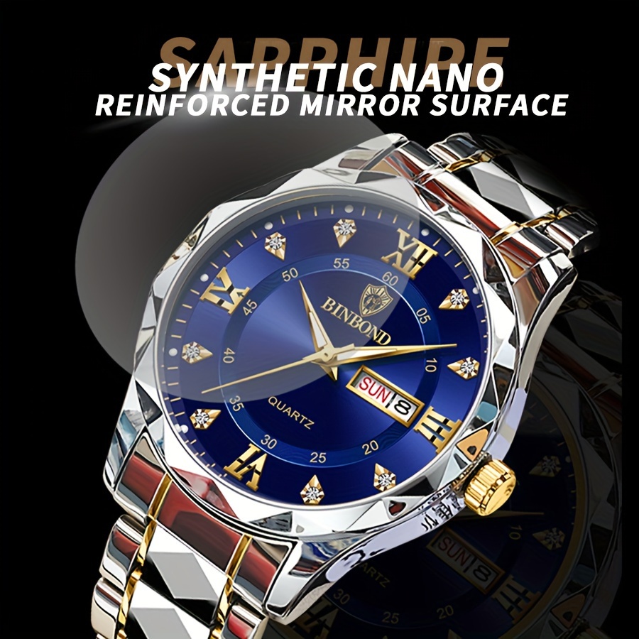 1pc Binbond Men's Business Watch, Stainless Steel Quartz Movement, Round Zinc Alloy Case, Luminous Dual Calendar, Battery Powered with Electronic Drive